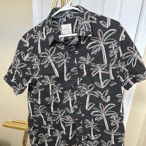 American Eagle Palm Tree Button-Up Shirt, Black Tropical Print, 100% Cotton